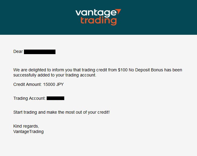 VANTAGE TRADINGから届いたメール。口座開設ボーナスの１５０００円をアカウントに振り込みましたよというお知らせメール。